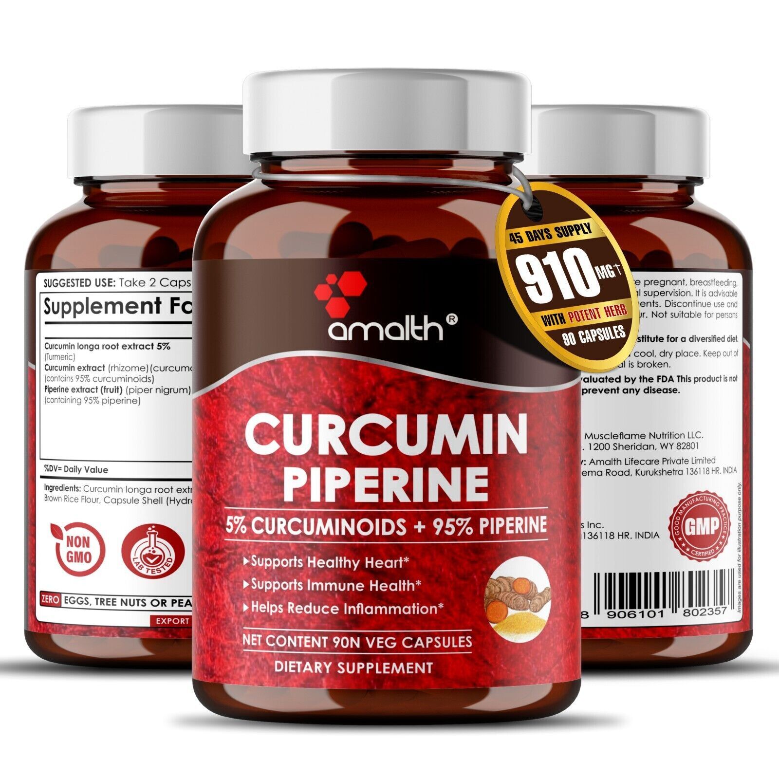 Extracto de curcumina de cúrcuma 500 mg 90 cápsulas 95% piperina pimienta...