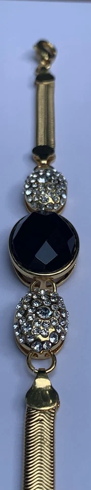 Винтажный браслет Beria коллекции подписанный 18K золото над бронзой искусственного оникса и стразы - Изображение 2 из 4