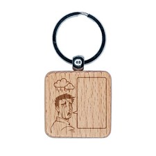 Sad Crying Manga Man with Empty Speech Bubble Engraved Wood Square Keychain