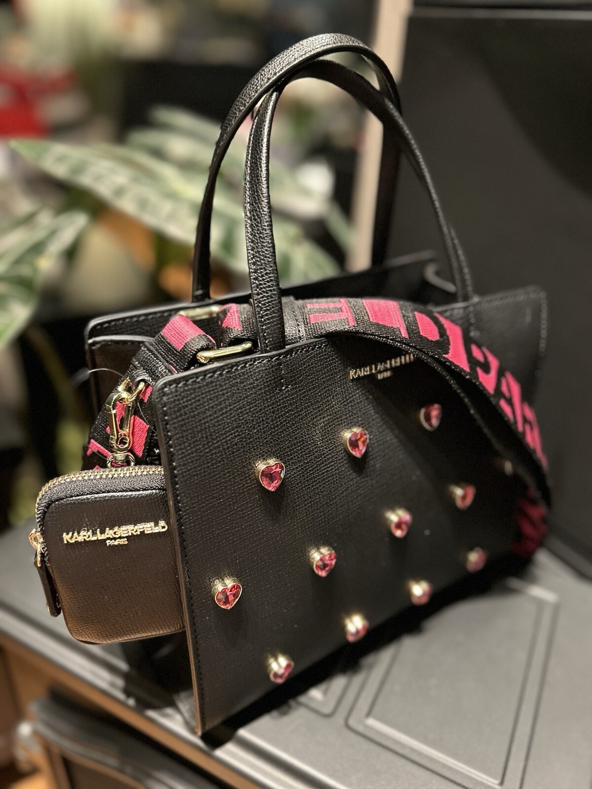 KARL LAGERFELD Black Maybelle Satchel Handbag With Pink Hearts | NWT | Sold-out!