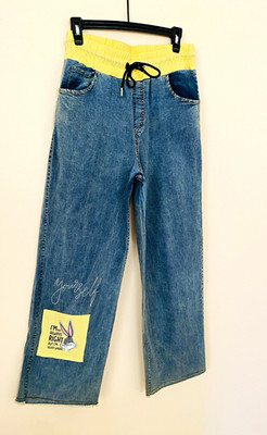 Women's Wide-Leg Blue Denim Jeans Yellow Drawstring Waist 5-Pocket Cartoon Patch