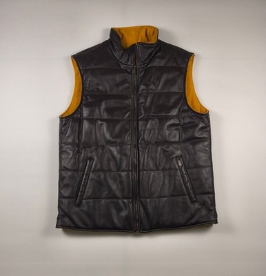 Paul & Shark Men's Brown Leather Puffer Vest with Mustard Interior