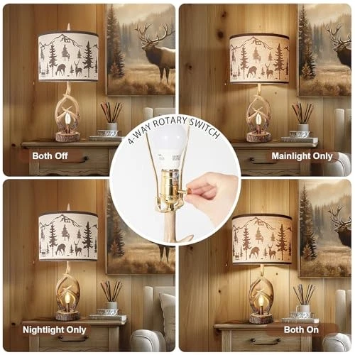 Antlers Style Table Lamp Set of 2 Rustic Bedside Lamp with Night Light Brown-3 - Image 3 of 4