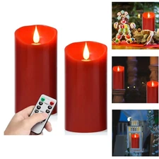 Set of 2 Red Flameless LED Candles with 3D Wick & Remote Control for Elegant