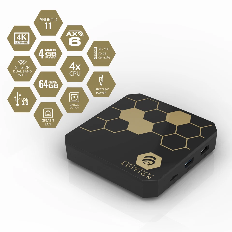 BuzzTV Clásico Aniversario 64GB 4K TV Box WiFi 6 Voces Control Remoto Reproductor USB-C Foto 2 de 4