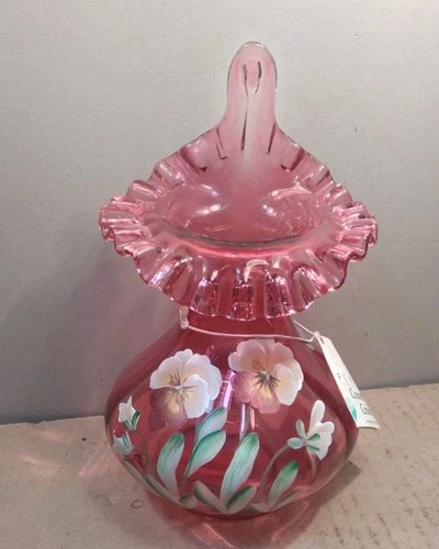 Fenton Vintage Cranberry Glass Jack in the Pulpit Tulip Vase 6" Handpainted