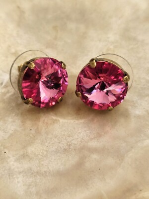 Large  Rose Pink Sparkling Crystal Stud Earrings In Brass