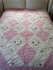 Vtg 1950 s Quilt Embroidery Flowers Handmade 67x77 Farmhouse Cottage Pink