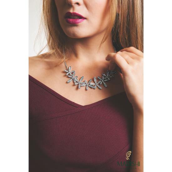 Matashi Crystals Rhodium Plated Necklace w/ Flowers & 12