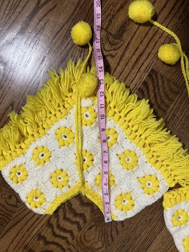 Vintage Infant Toddler White Yellow Granny Square Poncho Pixie Hat - Picture 9 of 12
