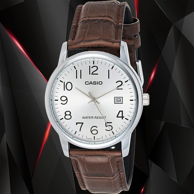 Casio Mens Analog Silver and Brown Leather Band MTP-V002L-7B2 Watch New  Date | eBay