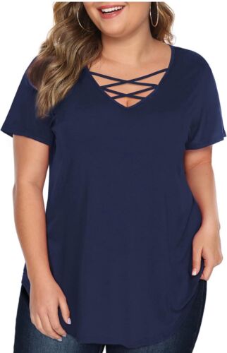 Women's Criss Cross V-neck Top Short Sleeve Summer Shirt Navy Blue Size m Stretc