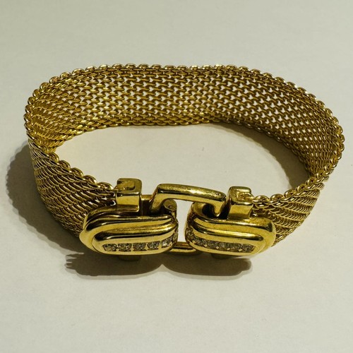 SIGNED JOAN RIVERS GOLDTONE MESH with CRYSTAL SNAP BUCKLE CLASP BRACELET