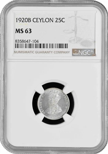Ceylon 25 Cent 1920 B, NGC MS63, "King George V (1911 - 1936)" Silver Coin