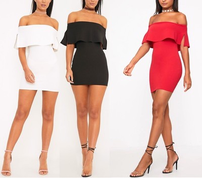 bardot frill bodycon dress