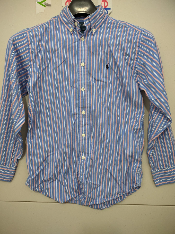 Polo Ralph Lauren 男孩衬衫 M 粉色蓝色长袖纽扣条纹棉质 — 第 2/4 张图片