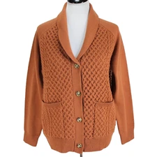 Kancy Kole Cardigan Sweater Womens M Rust Brown Cable Knit V Neck Button Front