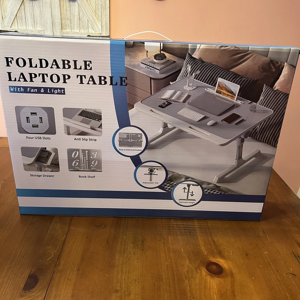 Foldable Laptop Bed Table With USB, Storage Drawer, Fan, Light, Bookshelf Gray - Image 2 of 4