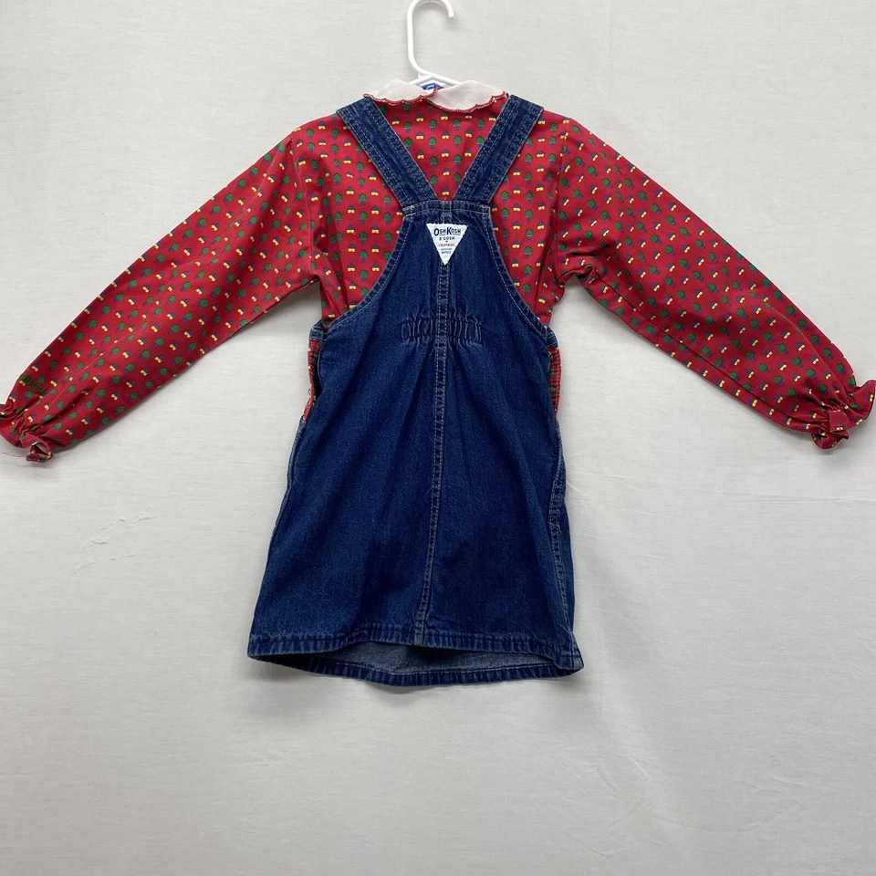 VTG OSHKOSH B'GOSH DENIM OVERALL DRESS HOUSE TREE Jumper /shirt Girls SZ 6X - Image 2 of 4