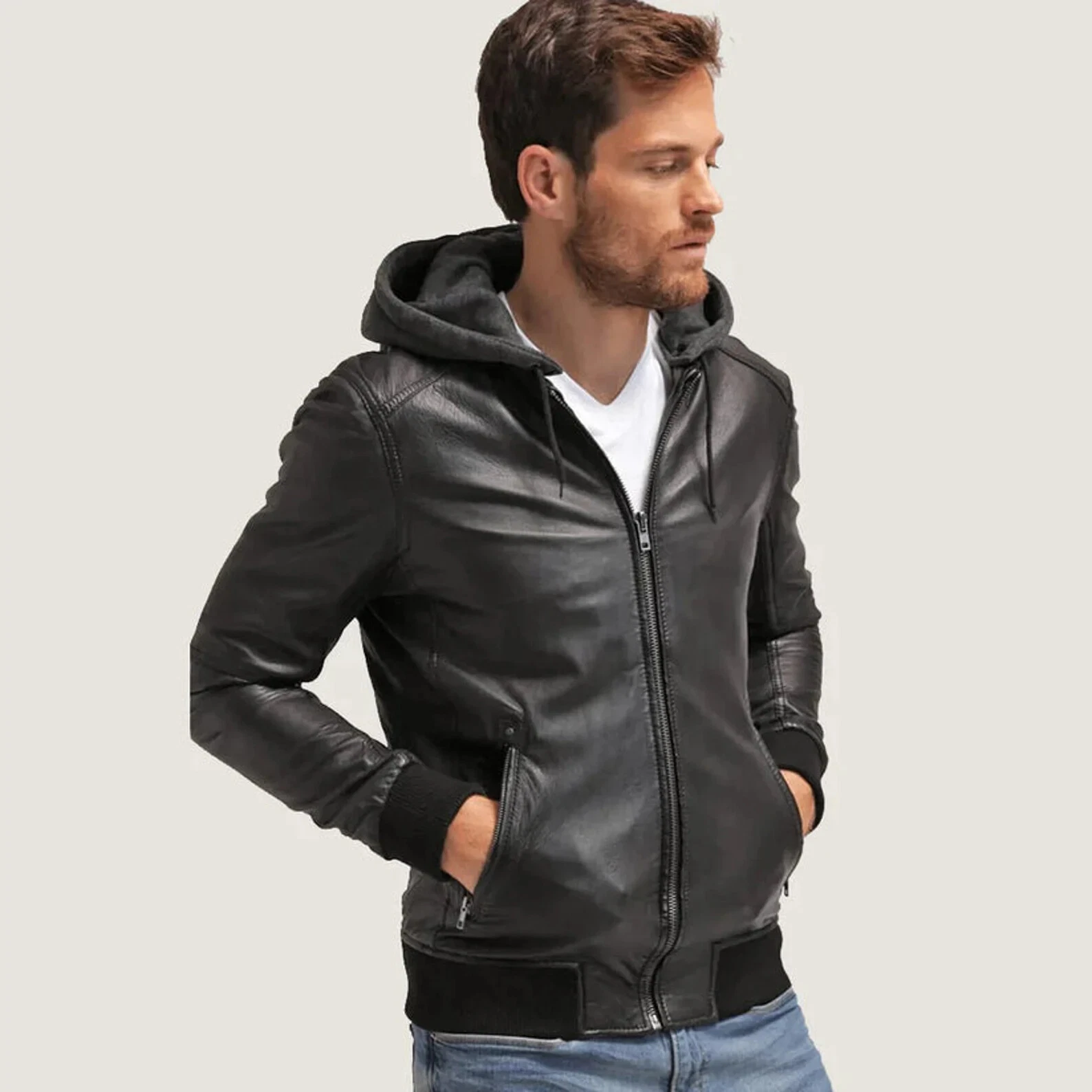 Men's New Hooded Bomber Leather Jacket. Real Soft Sheepskin Leather Biker Jacket