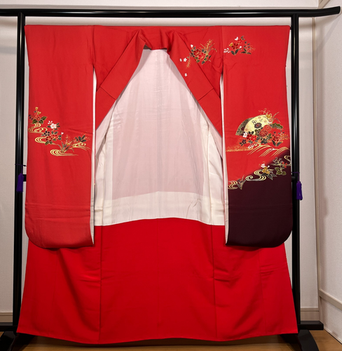 Kimono japonés K82125-3 100 % seda furiso rojo - Imagen 10 de 23