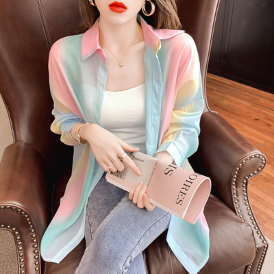 Women Rainbow Chiffon Button Shirt See Through Gradient Top Blouse Loose Fashion
