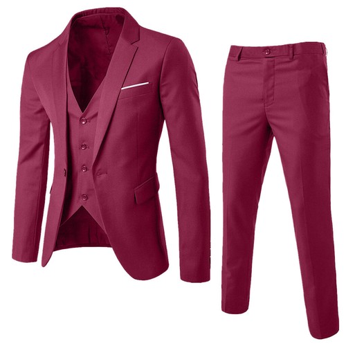 Men’s Suit Slim 3-Piece Suit Blazer Business Wedding Party Jacket Vest & Pants - Picture 13 of 16