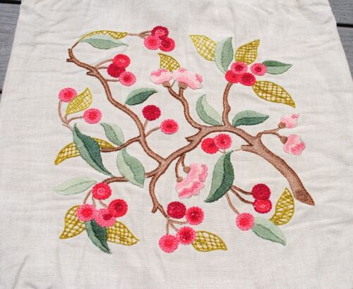 Vtg Jacobean Cherry Tree on Linen Finished Crewel Embroidery Pillow Frame - Picture 2 of 4
