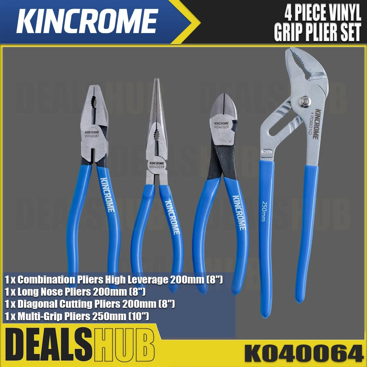 KINCROME 4 PC Vinyl Plier Set Combination Long Nose Diagonal Cutters Multi-grip