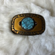 Vintage Western Style Belt Buckle With Faux Turquoise Gold Coloring Background