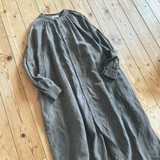ICHI Antiquites Linen Long Dress Band Collar Gathered Hand Dyed Gray Exc cond