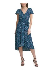 DKNY Womens Navy Tie Flutter Sleeve Midi Wear To Work Faux Wrap Dress 2