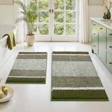Sage Green Bathroom Rugs Set, Striped Chenille, 20"x32" 17"x24"