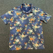 Tommy Bahama Tropical Men Large Blue Floral Pima Cotton Blend Polo Shirt Short