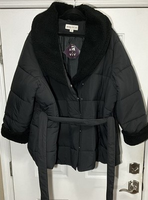 Ava & Viv Plus Size Black Belted Faux Shearling Puffer Jacket Women s 3X