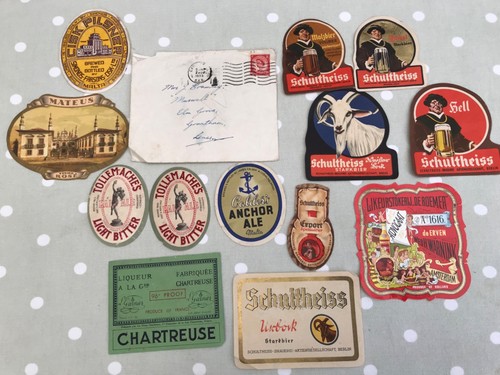 13 Vintage 1950s Beer & Wine Bottle labels in old envelope