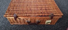 Vintage Picnic Set Unused Optima Wicker Basket Suit Case Woth Leather Straps