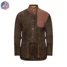 Mens Suede Safari Jacket Dark Brown Trim Quilted Field Coat Premium Leather