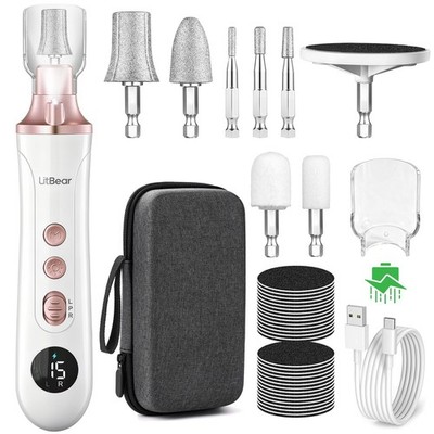 Electric Nail Drill File Set, 15 Speed Professional Nail Grinder for Thick To...