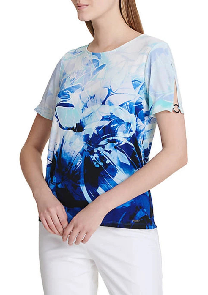 NEW CALVIN KLEIN JERSEY BLUE FLORAL CAREER TOP BLOUSE SIZE M $69