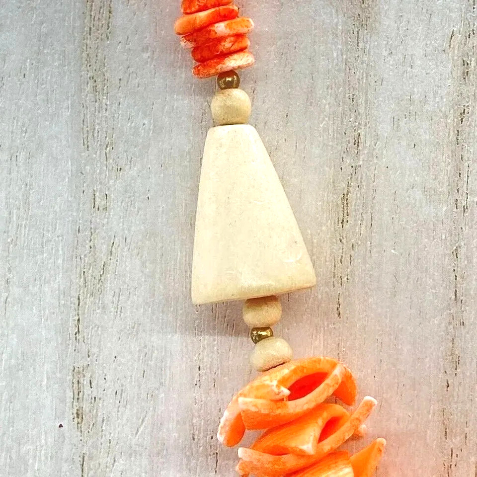 Orange White Shell Bead Chunky Statement Necklace… - image 4