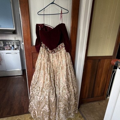 Mac Duggal 18W Burgundy/Gold Strapless Sweetheart Beaded Tulle Ballgown