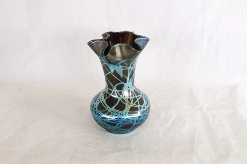 VINTAGE STEUBEN MINIATURE ART GLASS BLUE AURENE LEAF & VINE CABINET VASE