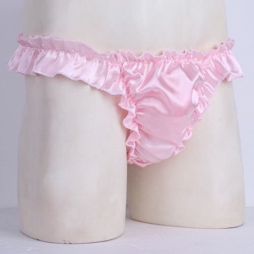 Men's Soft Shiny Satin Ruffled Frilly Briefs Thong Sissy Underwear Tanga Panties - Picture 21 of 55
