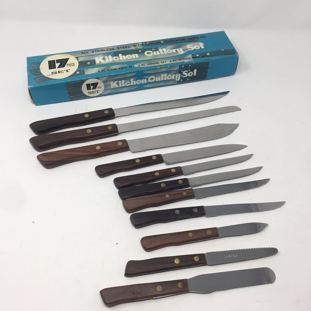 11 Vintage wood Handled Stainless Steel Serrated Steak Knives Made