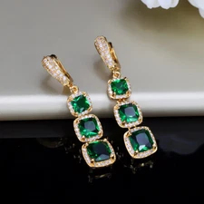 Gold Plated Green Square Cubic Zirconia Dangle Long Drop Earrings for Women Gift