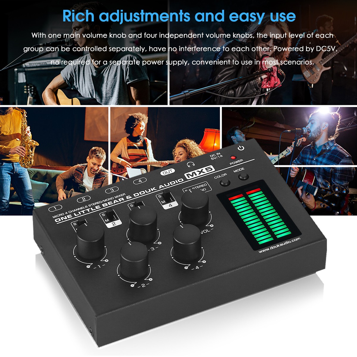 Mini 4 Channel Mono/Stereo Line Mixer Headphone Monitoring