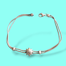 Vintage 7in Sterling Silver Happy Sun Charm Slider Bracelet Double Snake Chain