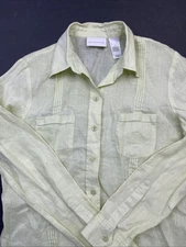 Liz Claiborne Linen Women Button Down Sz 4 100% Lt Green/Yellow Minimal Beach