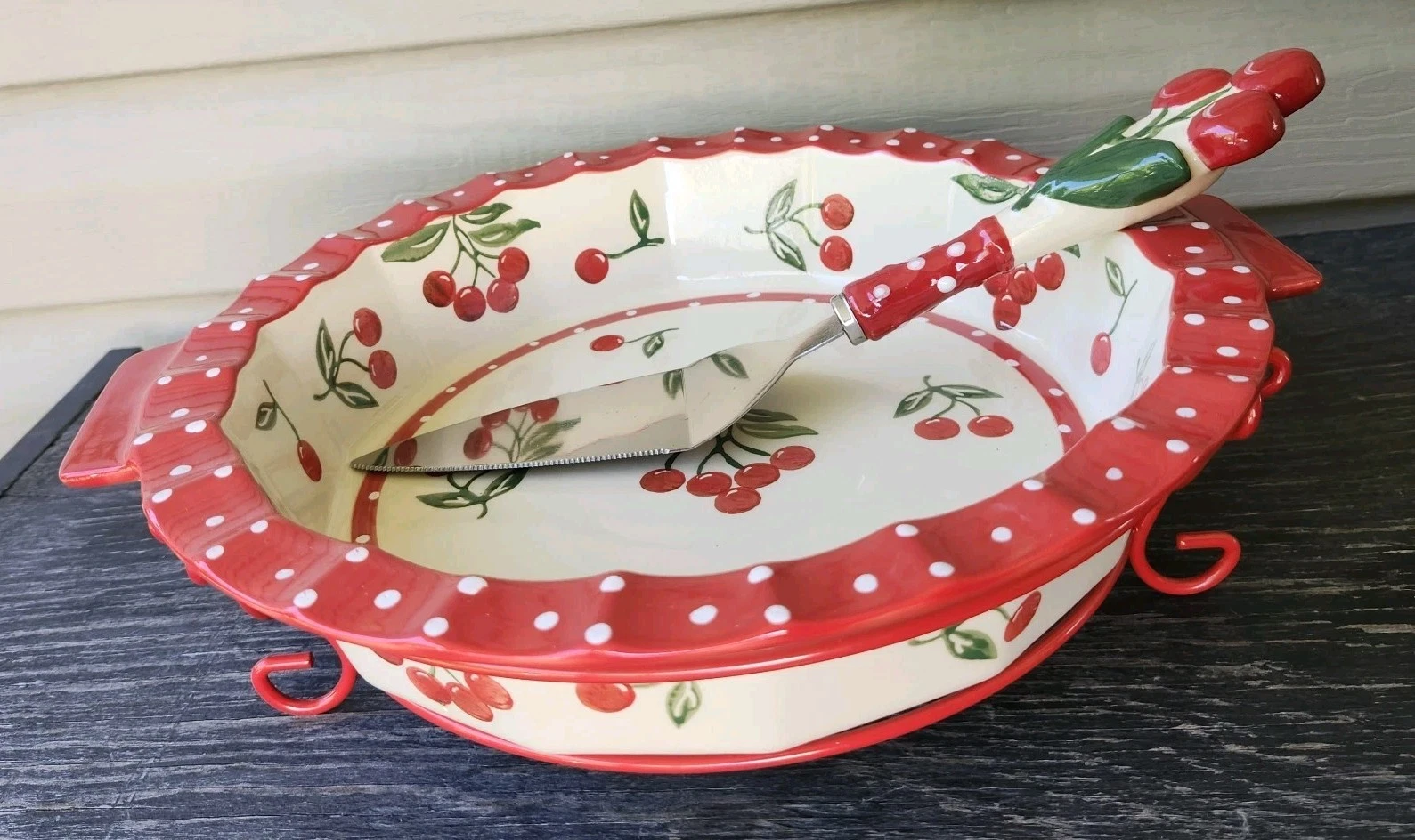 Temptations By Tara Cherries Jubilee 9" Pie Plate w/ Wire Rack & Pie Server